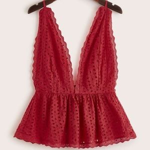 Red Shein embroidered flowy tank